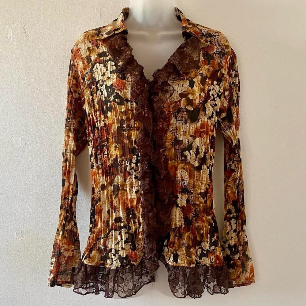 SHEER BROWN VINTAGE RUFFLED LACE FLORAL PRINT CRINKLE PLEAT BLOUSE